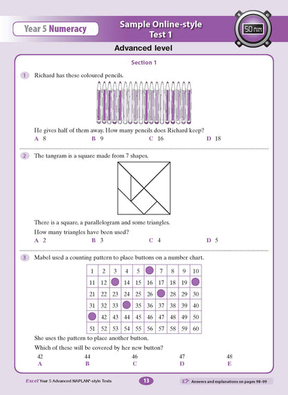 Year 5 Numeracy test book page from Excel, displaying Sample Online-style Test 1 with three math questions.