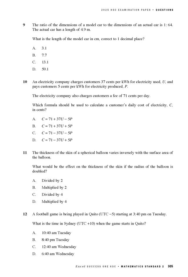 Printed course notes page by Excel Success One HSC featuring multiple-choice mathematics questions 9-12.