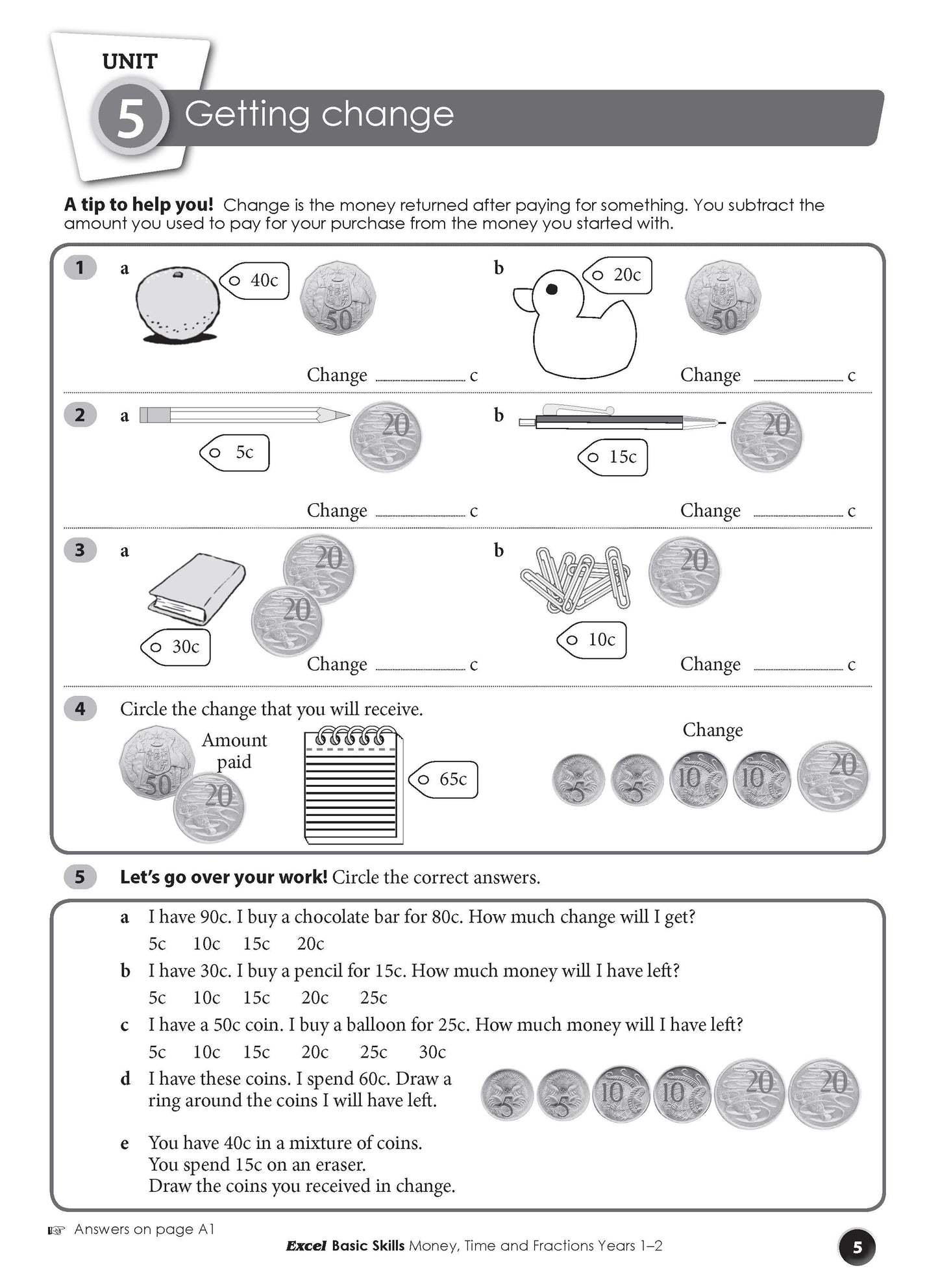 Excel Basic Skills - Money, Time and Fractions Years 1-2