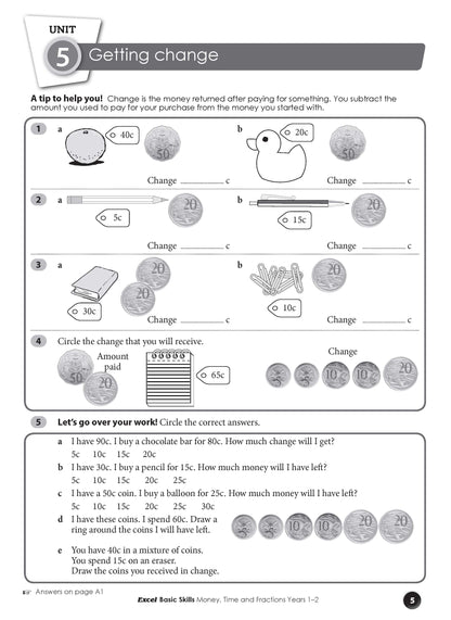 Excel Basic Skills - Money, Time and Fractions Years 1-2