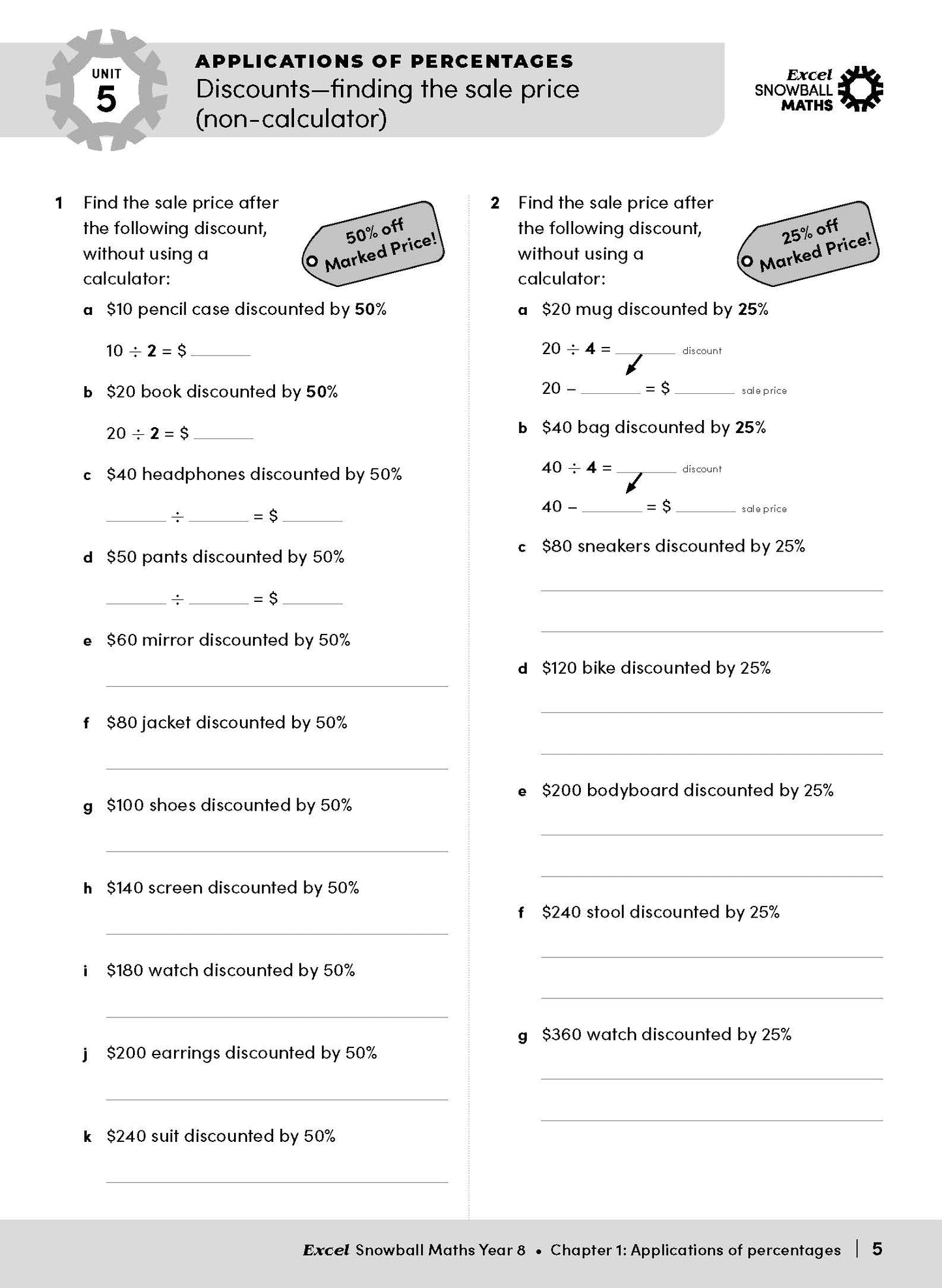 Maths Year 8 workbook by Excel Snowball, showing percentages lesson on discounts and sale prices.