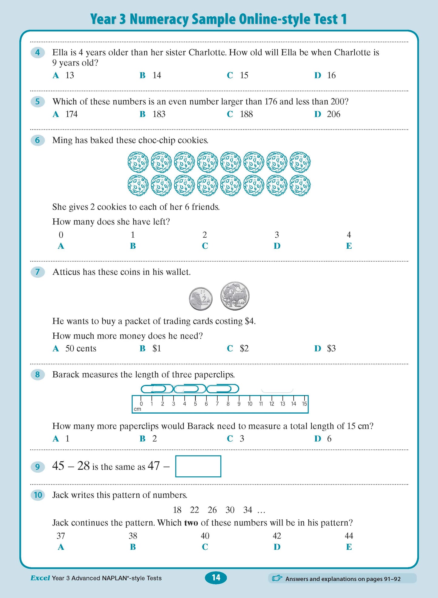 Year 3 Numeracy Assessment & Test Book page by Excel, showing sample online-style test with multiple-choice math questions.