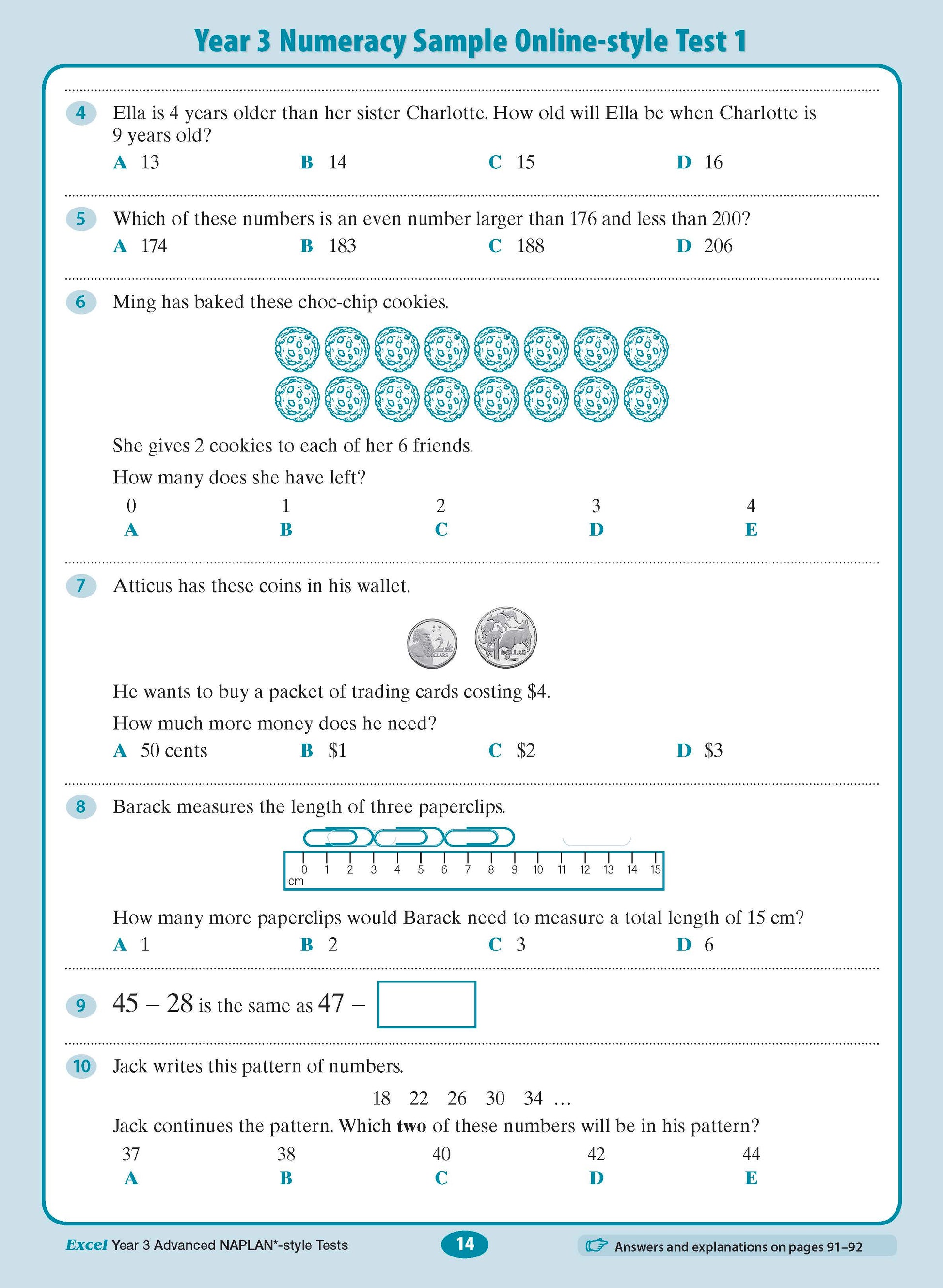 Year 3 Numeracy Assessment & Test Book page by Excel, showing sample online-style test with multiple-choice math questions.