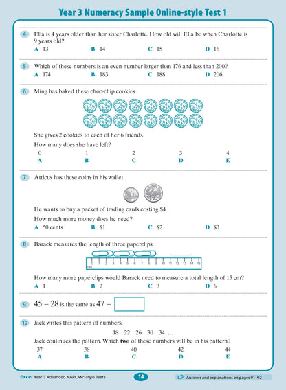 Year 3 Numeracy Assessment & Test Book page by Excel, showing sample online-style test with multiple-choice math questions.