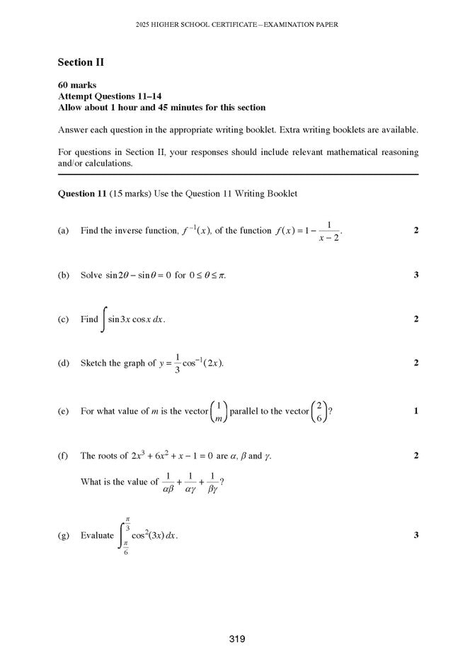 Mathematics Extension 1 course notes by Excel Success One, showing a page of an exam paper with various math problems.