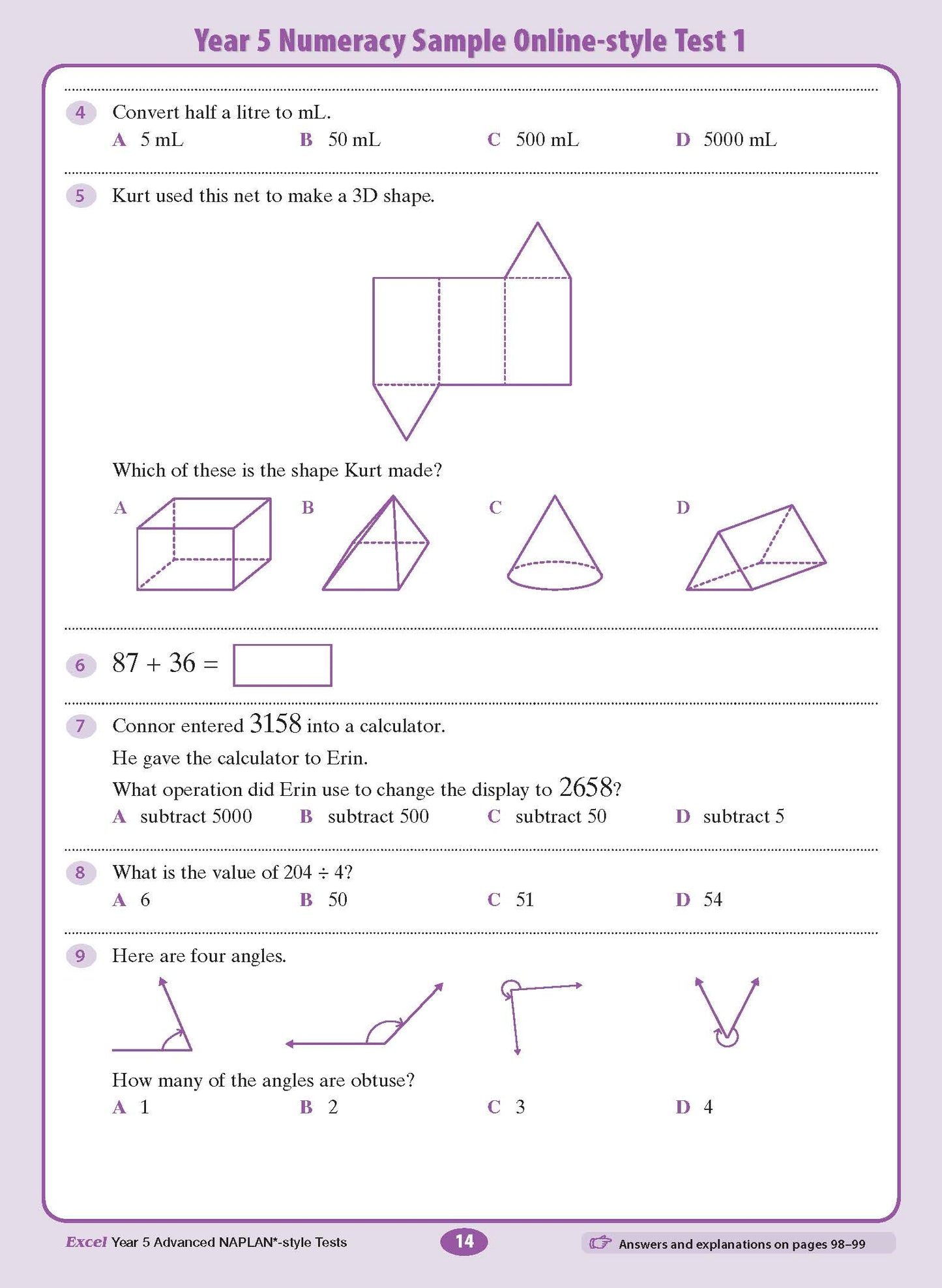 Year 5 Advanced NAPLAN-style Tests by Excel, an open page showing math questions on units, shapes, and arithmetic.