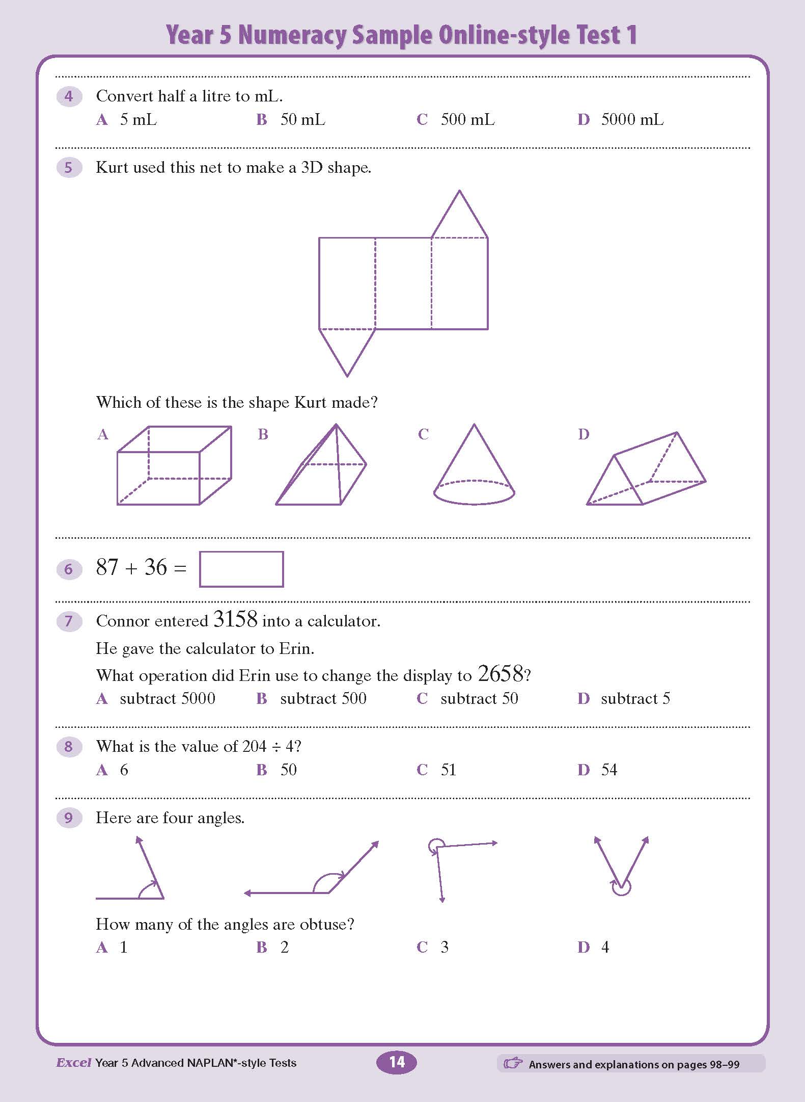 Year 5 Advanced NAPLAN-style Tests by Excel, an open page showing math questions on units, shapes, and arithmetic.