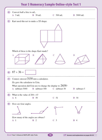 Year 5 Advanced NAPLAN-style Tests by Excel, an open page showing math questions on units, shapes, and arithmetic.