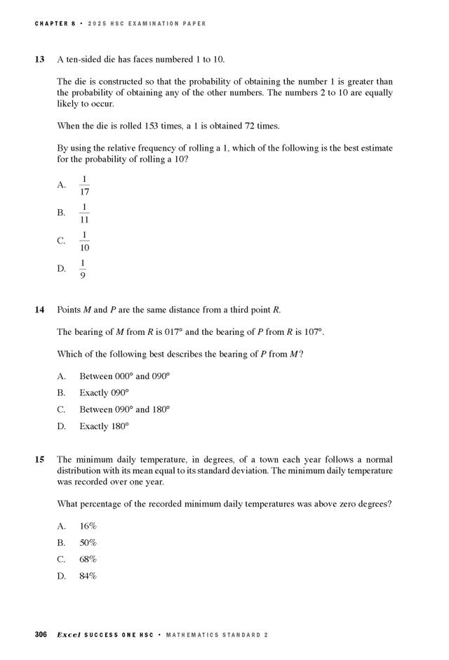 HSC Mathematics Standard 2 Course Notes by Excel Success One, showing questions 13, 14, and 15 with multiple choice options on a printed page.