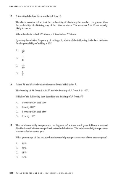 HSC Mathematics Standard 2 Course Notes by Excel Success One, showing questions 13, 14, and 15 with multiple choice options on a printed page.