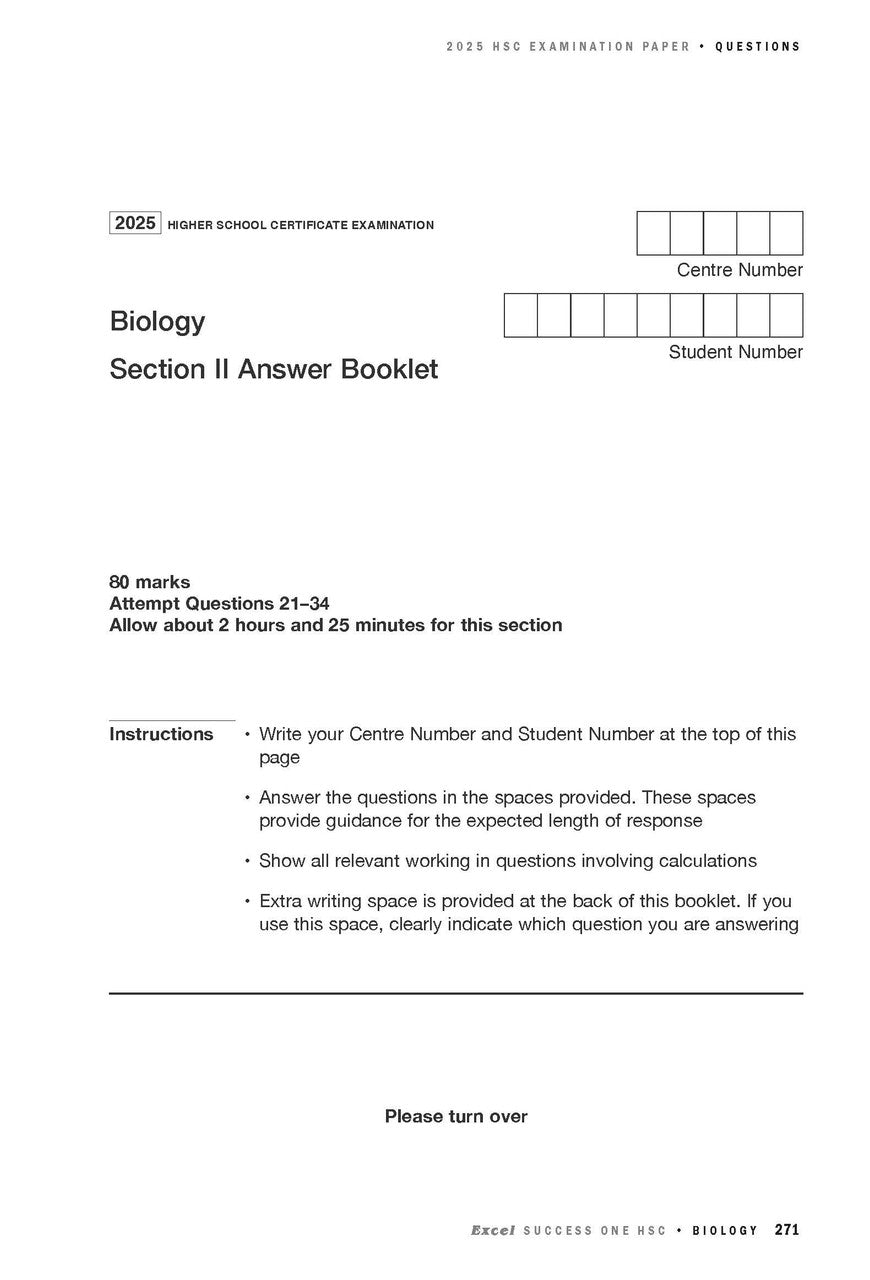 White Biology Section II answer booklet page by Excel Success One HSC, featuring exam instructions and student detail fields.