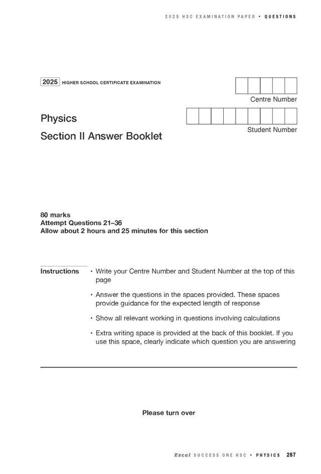 White Physics Section II Answer Booklet by Excel Success One HSC, for the 2025 HSC examination, showing fields for numbers and instructions.