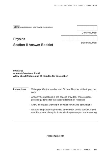 White Physics Section II Answer Booklet by Excel Success One HSC, for the 2025 HSC examination, showing fields for numbers and instructions.