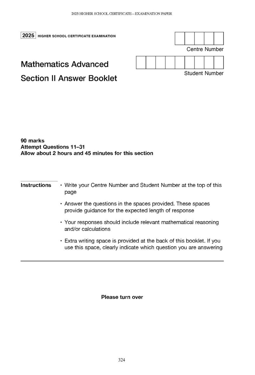 Mathematics Advanced Answer Booklet by Excel Success One, showing the white 2025 Section II cover with instructions and number entry boxes.