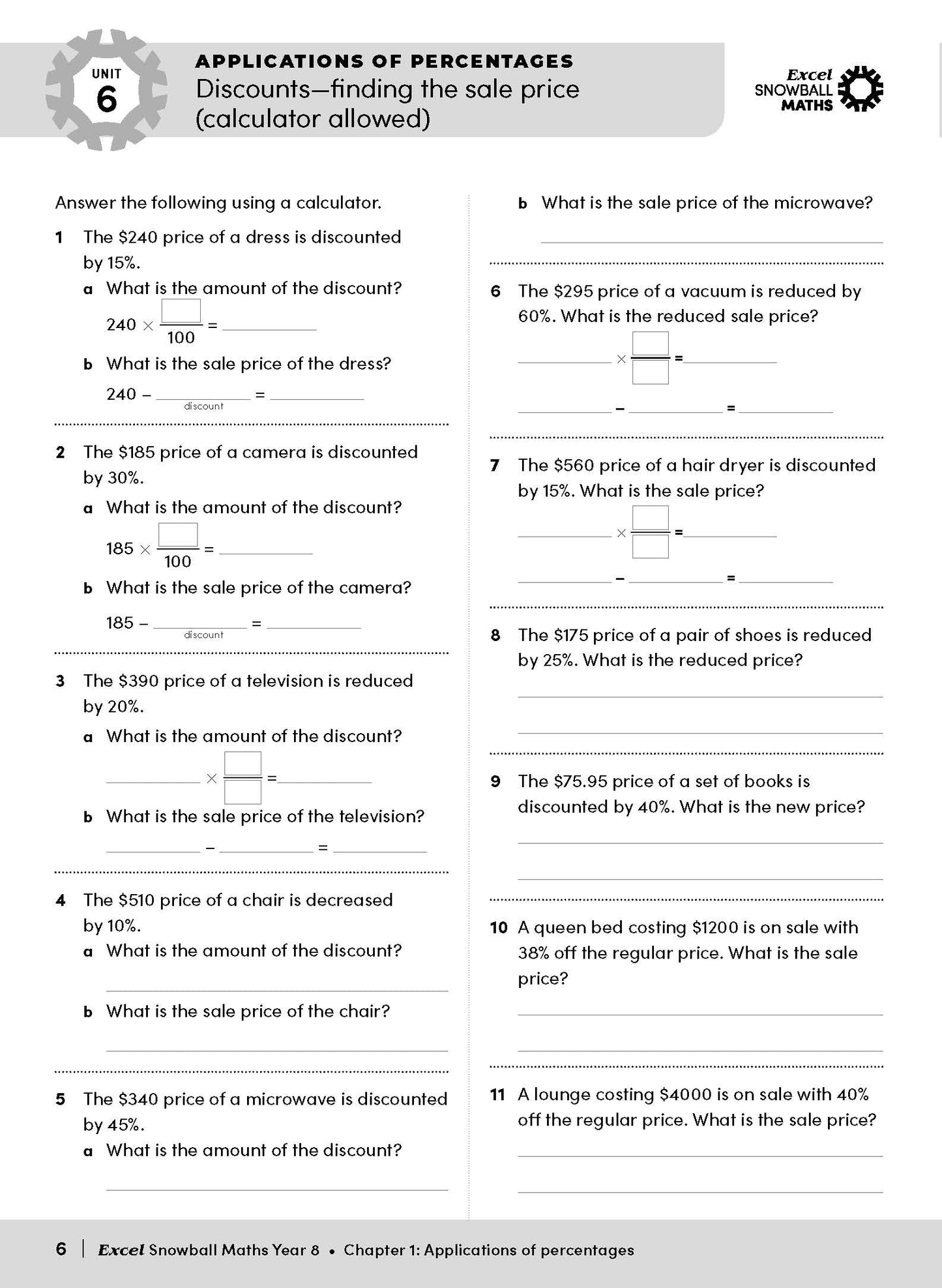 Maths Year 8 workbook by Excel Snowball, showing a page with percentage discount problems and calculations.