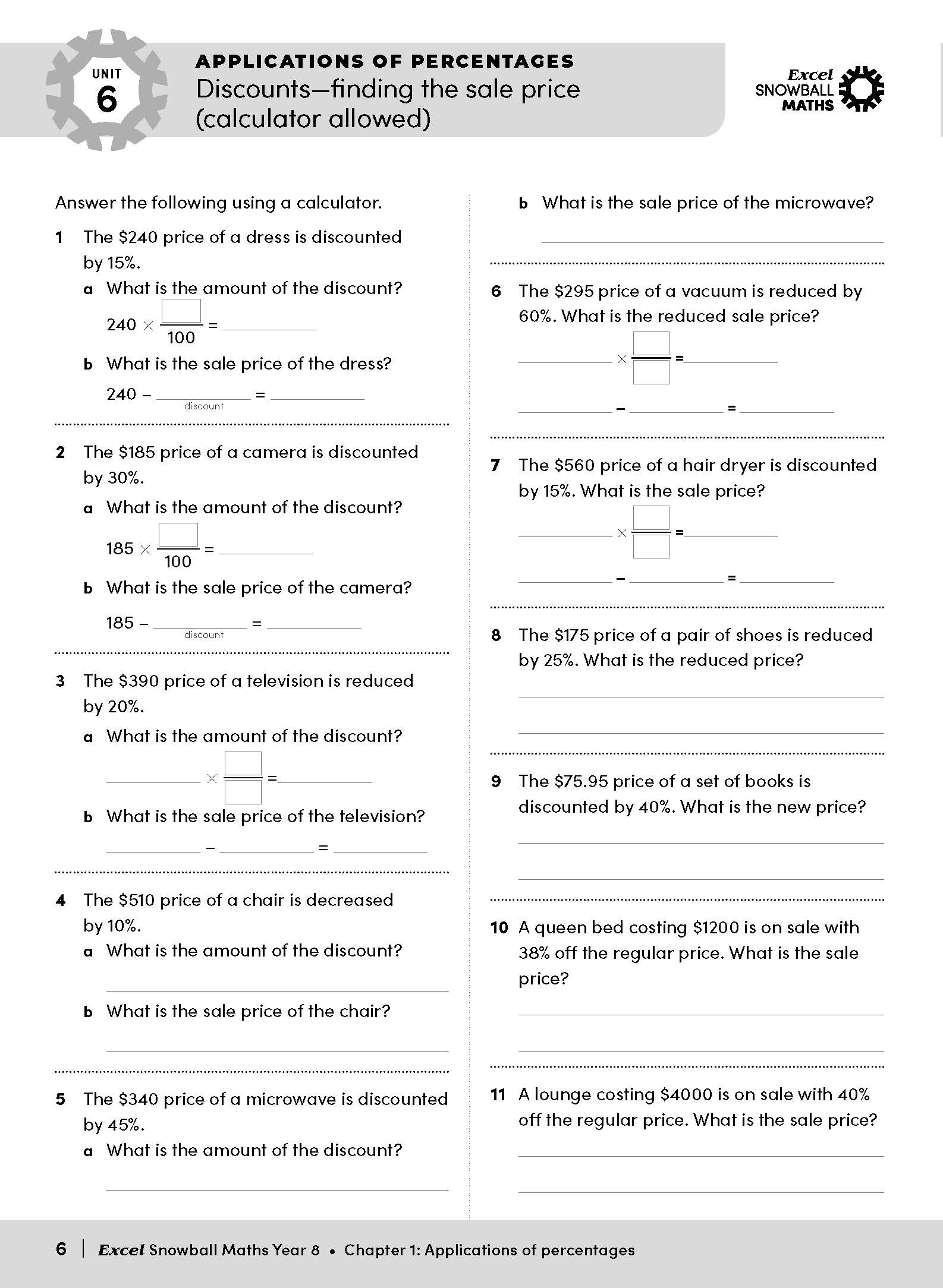 Maths Year 8 workbook by Excel Snowball, showing a page with percentage discount problems and calculations.