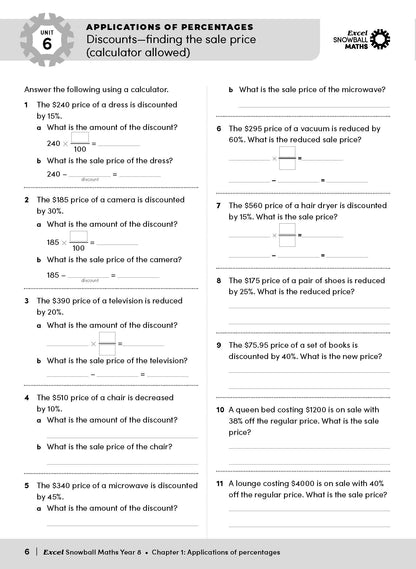 Maths Year 8 workbook by Excel Snowball, showing a page with percentage discount problems and calculations.
