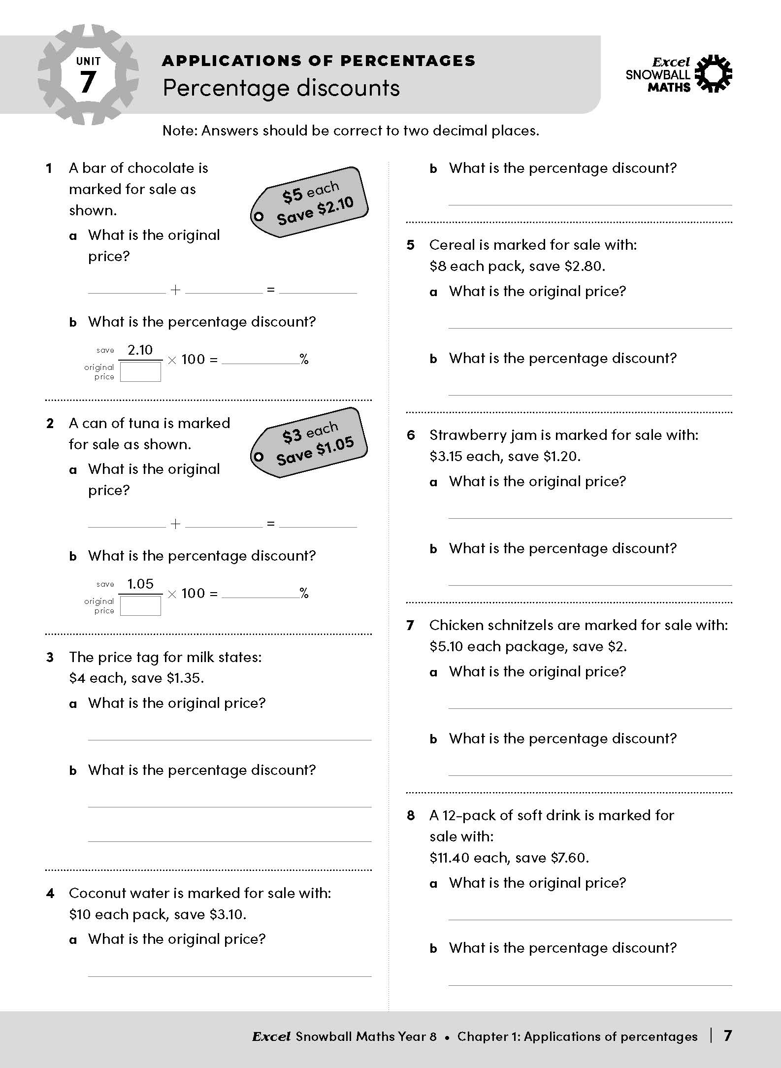Maths workbook for Year 8 by Excel Snowball, open to a page on percentage discounts.
