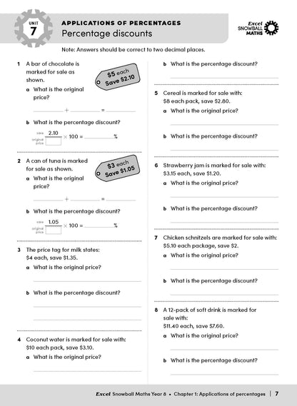 Maths workbook for Year 8 by Excel Snowball, open to a page on percentage discounts.