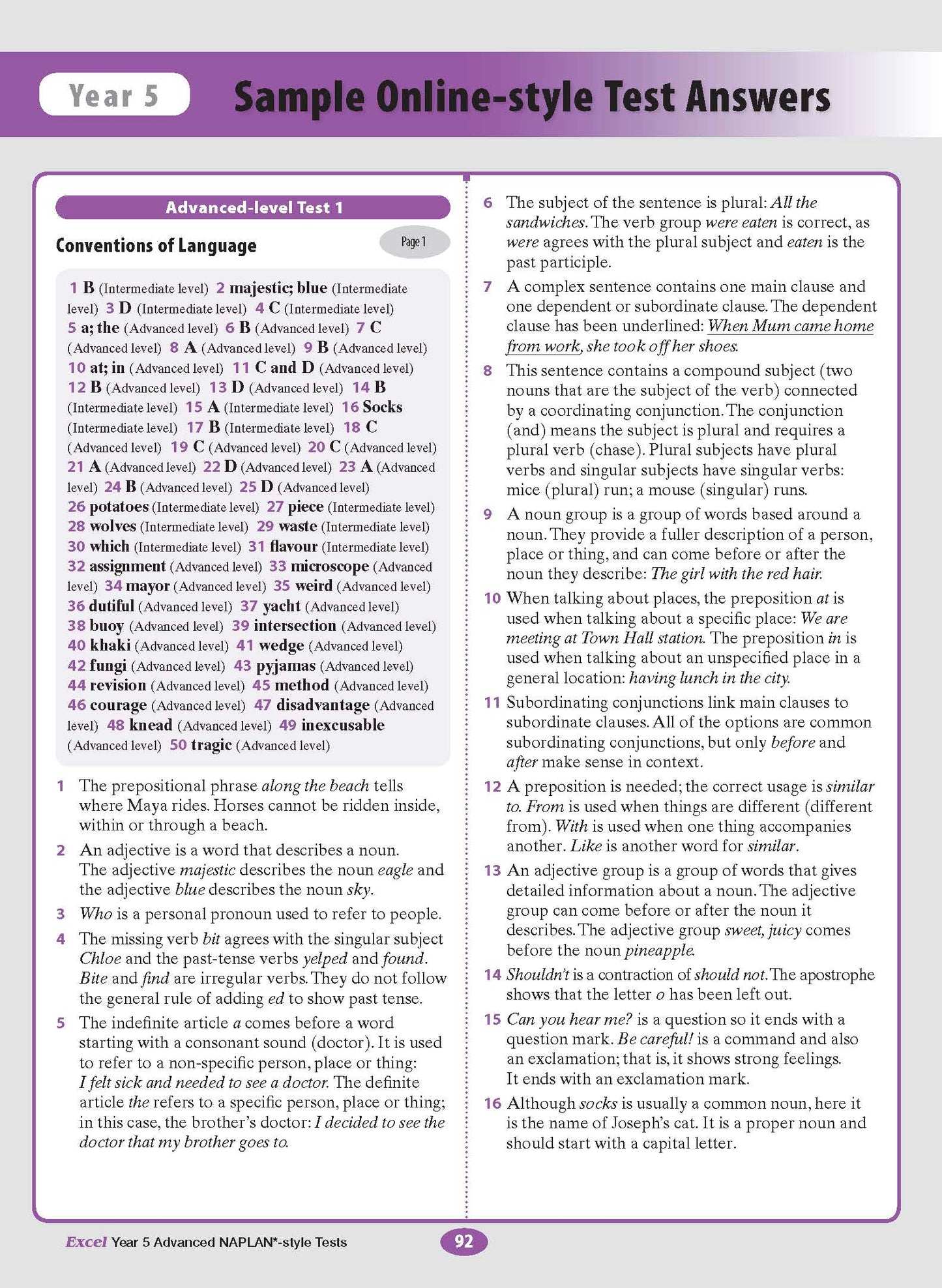 Year 5 Advanced NAPLAN-style Test Answers book by Excel, displaying question answers and explanations on a white page with a purple header.