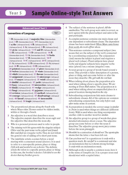 Year 5 Advanced NAPLAN-style Test Answers book by Excel, displaying question answers and explanations on a white page with a purple header.