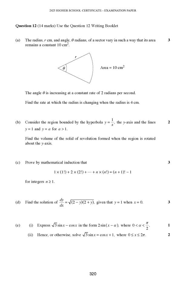 HSC Year 12 Mathematics Extension 1 examination paper by Excel Success One HSC, featuring various math problems and diagrams.