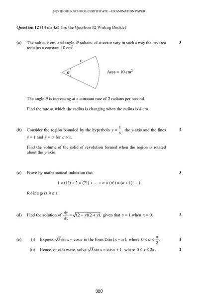 HSC Year 12 Mathematics Extension 1 examination paper by Excel Success One HSC, featuring various math problems and diagrams.