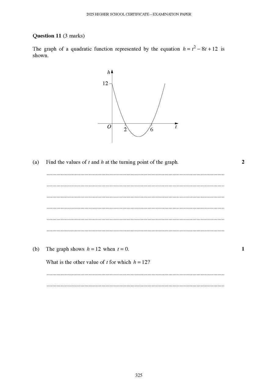 HSC Year 12 Mathematics Advanced examination paper page by Excel Success One, featuring a quadratic function graph and question 11.