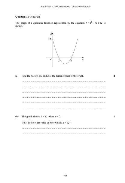 HSC Year 12 Mathematics Advanced examination paper page by Excel Success One, featuring a quadratic function graph and question 11.