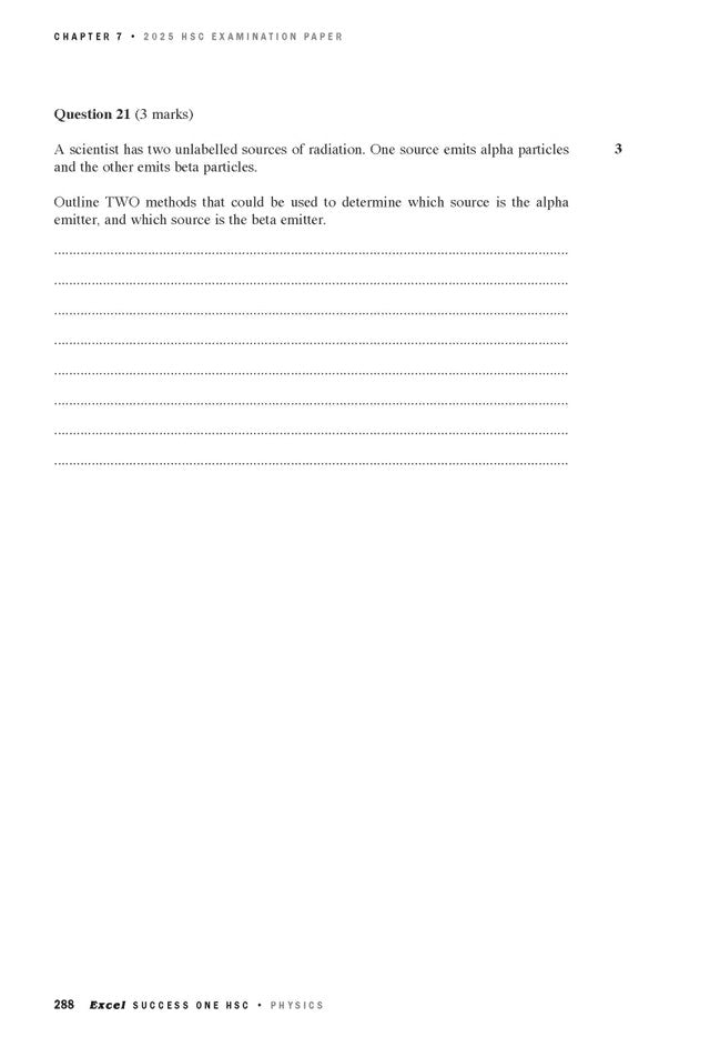Year 12 Physics Course Notes by Excel Success One, featuring a sample page from a 2025 HSC Examination Paper.