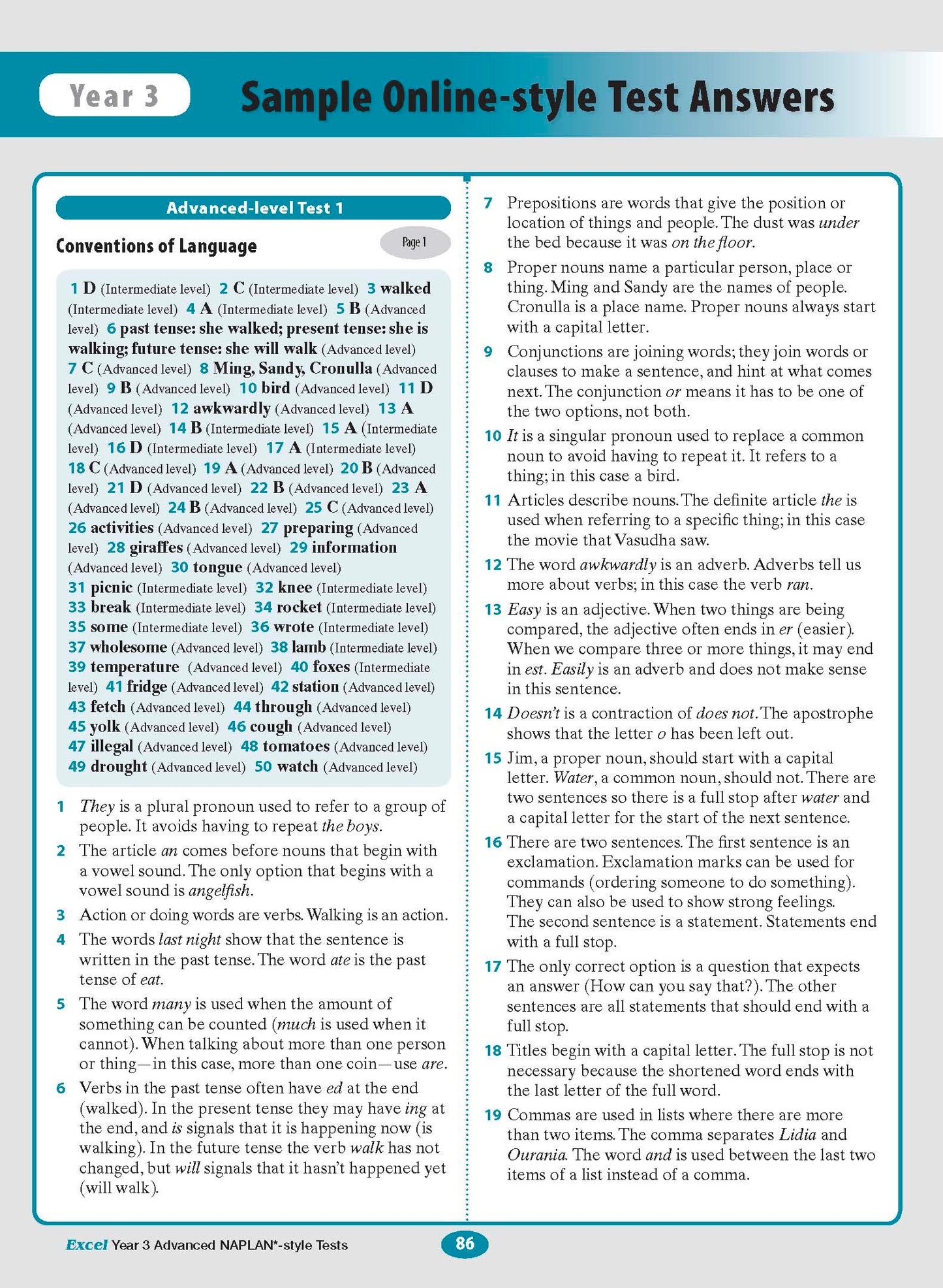 Year 3 NAPLAN-style Tests book by Excel, displaying an open page with grammar answers and explanations under teal headings.
