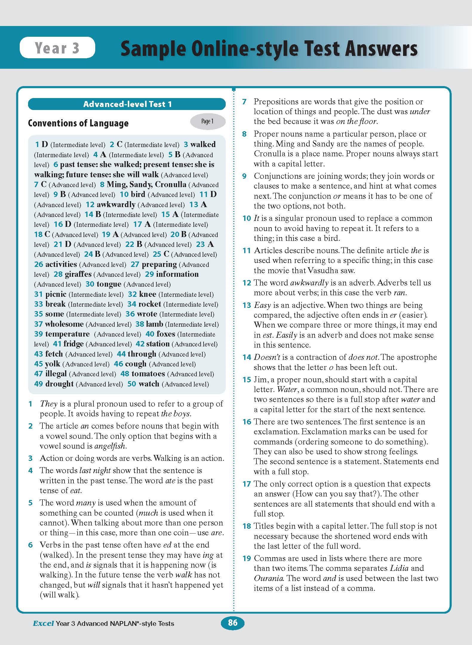 Year 3 NAPLAN-style Tests book by Excel, displaying an open page with grammar answers and explanations under teal headings.