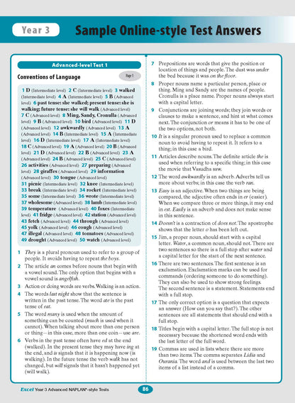 Year 3 NAPLAN-style Tests book by Excel, displaying an open page with grammar answers and explanations under teal headings.