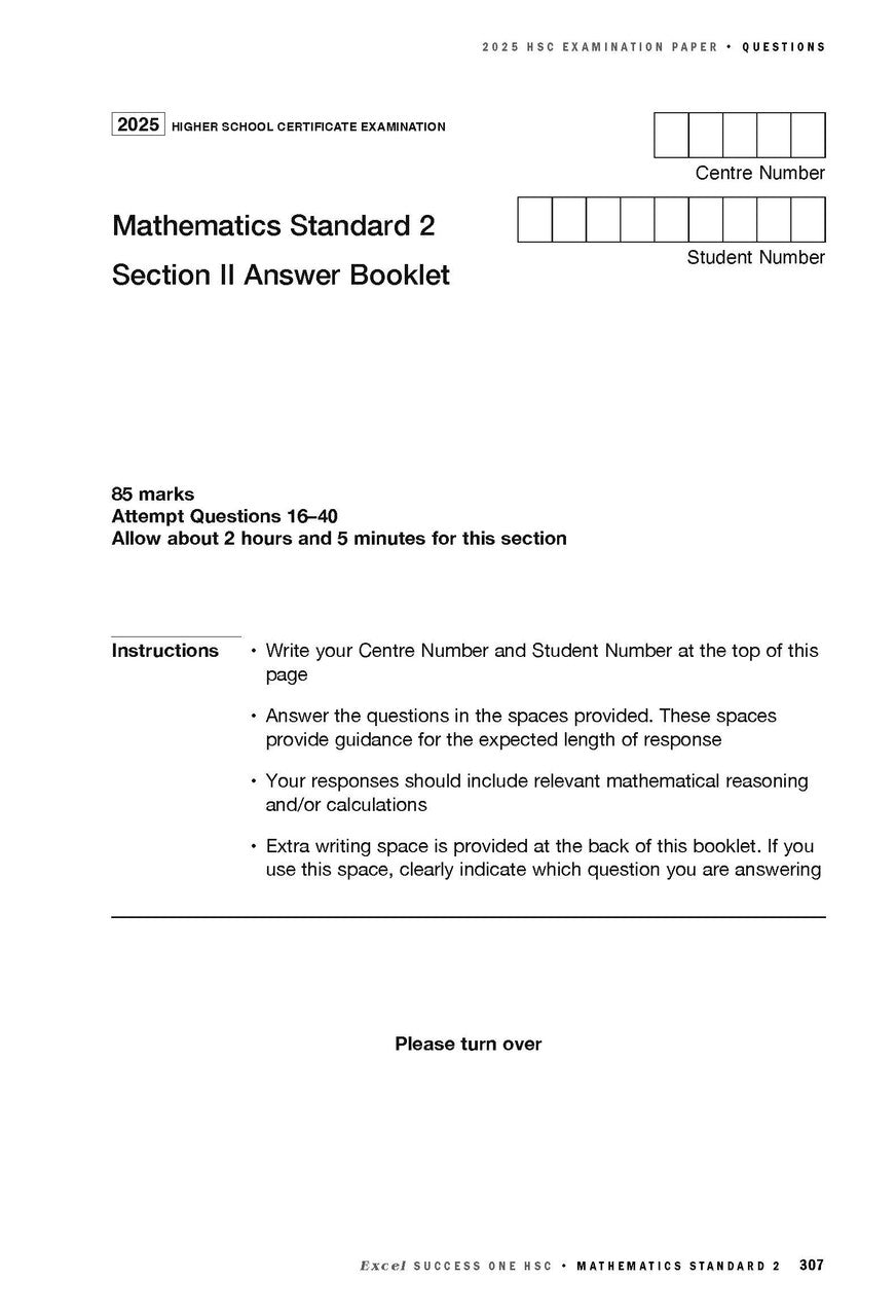 Mathematics Standard 2 study guide by Excel Success One HSC, showing a sample page for the 2025 HSC examination.