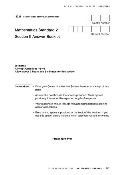 Mathematics Standard 2 study guide by Excel Success One HSC, showing a sample page for the 2025 HSC examination.