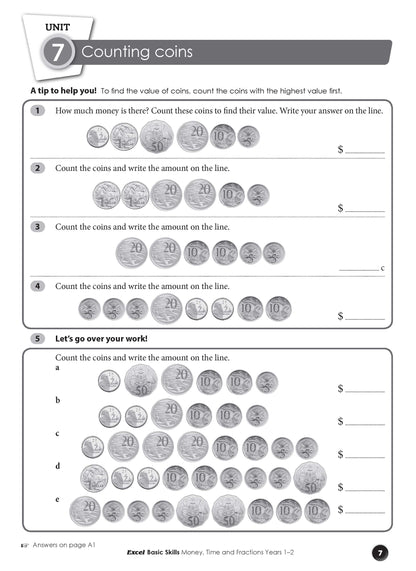 Excel Basic Skills - Money, Time and Fractions Years 1-2