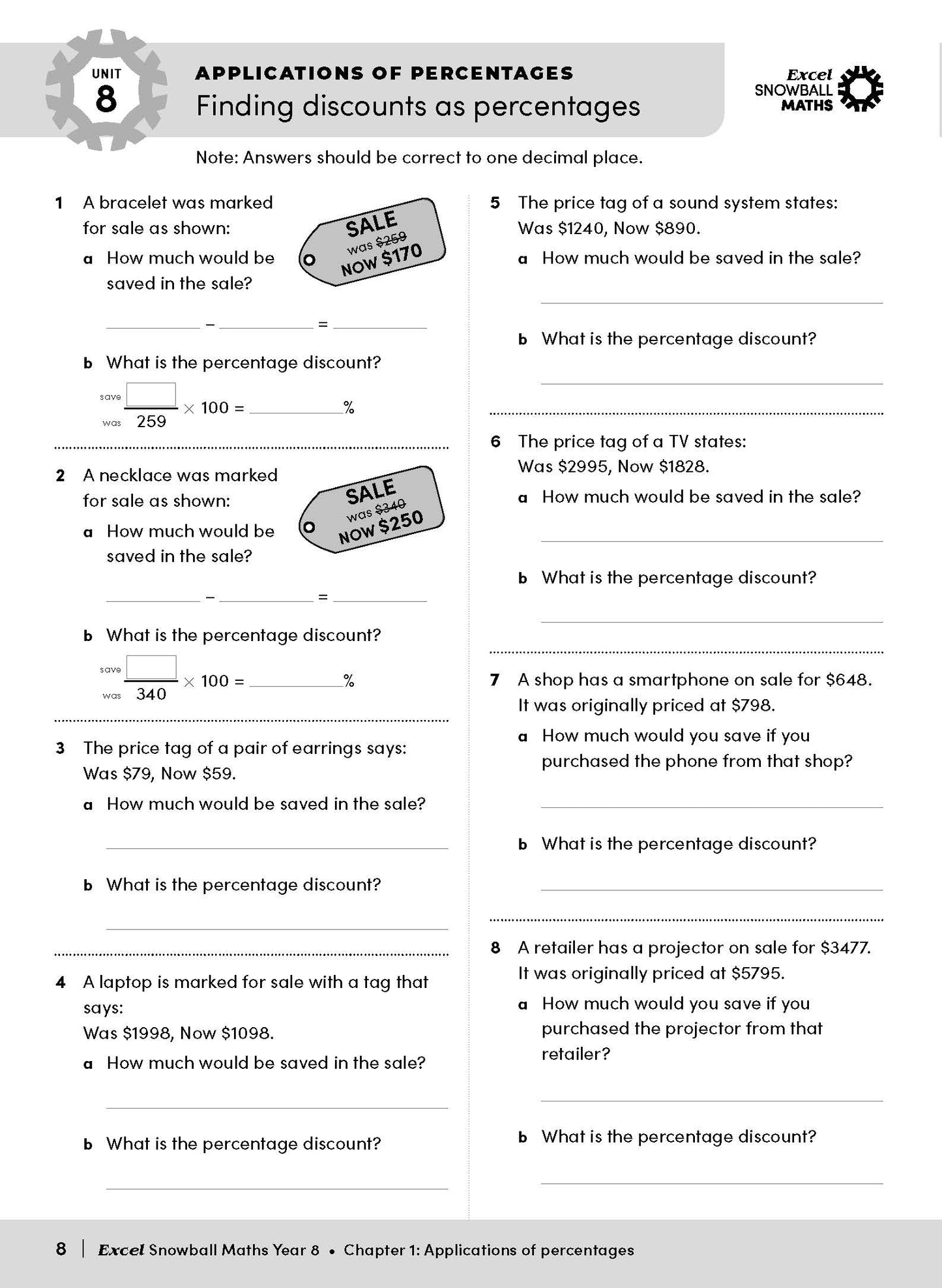 Maths workbook by Excel Snowball for Year 8 students, showing "Applications of Percentages" unit.