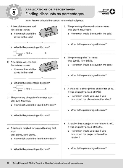 Maths workbook by Excel Snowball for Year 8 students, showing "Applications of Percentages" unit.