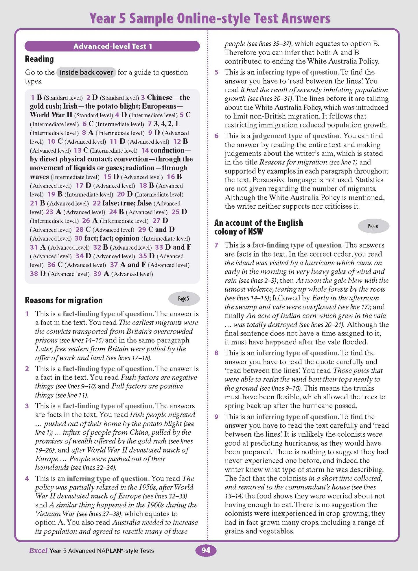 Year 5 Advanced NAPLAN*-style Tests book by Excel, showing sample answer pages for reading and history in a purple and white layout.