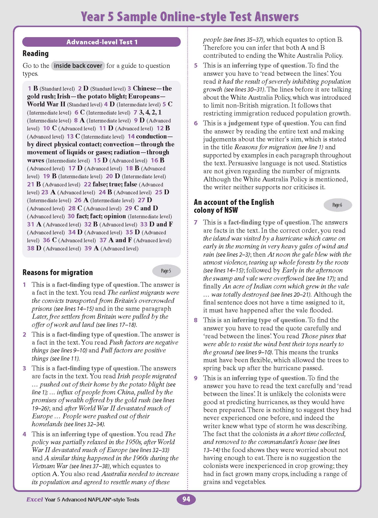 Year 5 Advanced NAPLAN*-style Tests book by Excel, showing sample answer pages for reading and history in a purple and white layout.