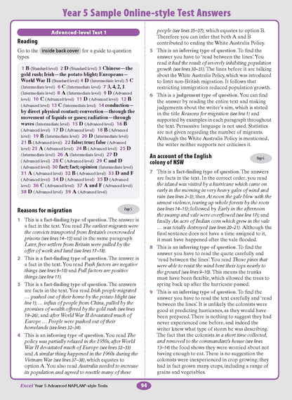 Year 5 Advanced NAPLAN*-style Tests book by Excel, showing sample answer pages for reading and history in a purple and white layout.