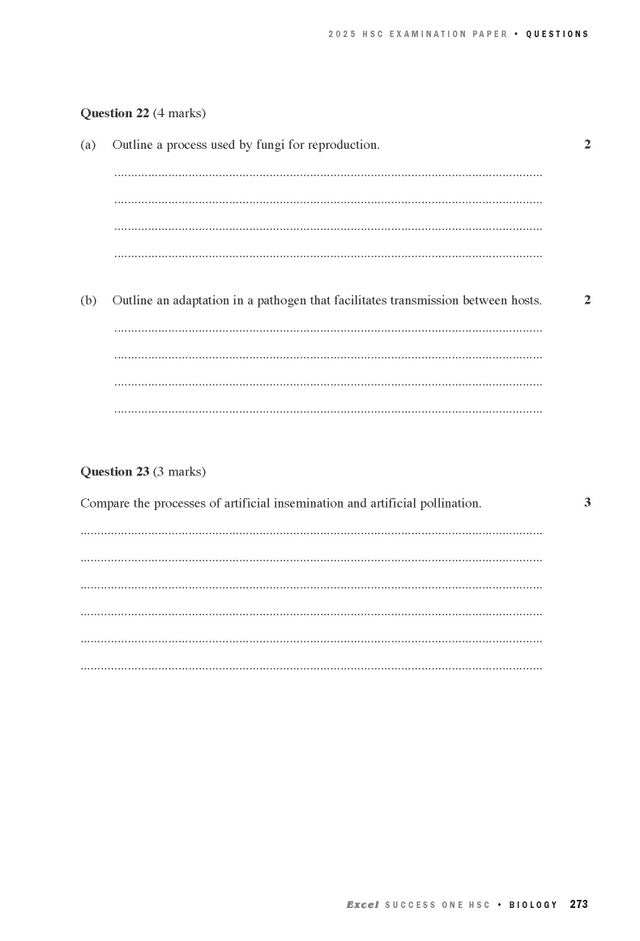 White page from a 2025 HSC Biology examination paper by Excel, displaying questions 22 and 23 with dotted answer lines.