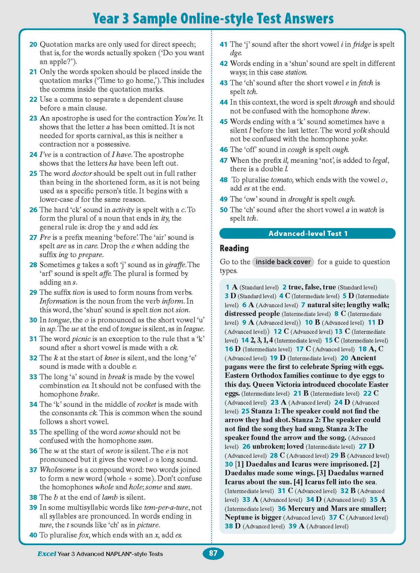 Year 3 Advanced NAPLAN*-style Test Answers book by Excel, displaying page 87 with English language rules and reading comprehension answers.