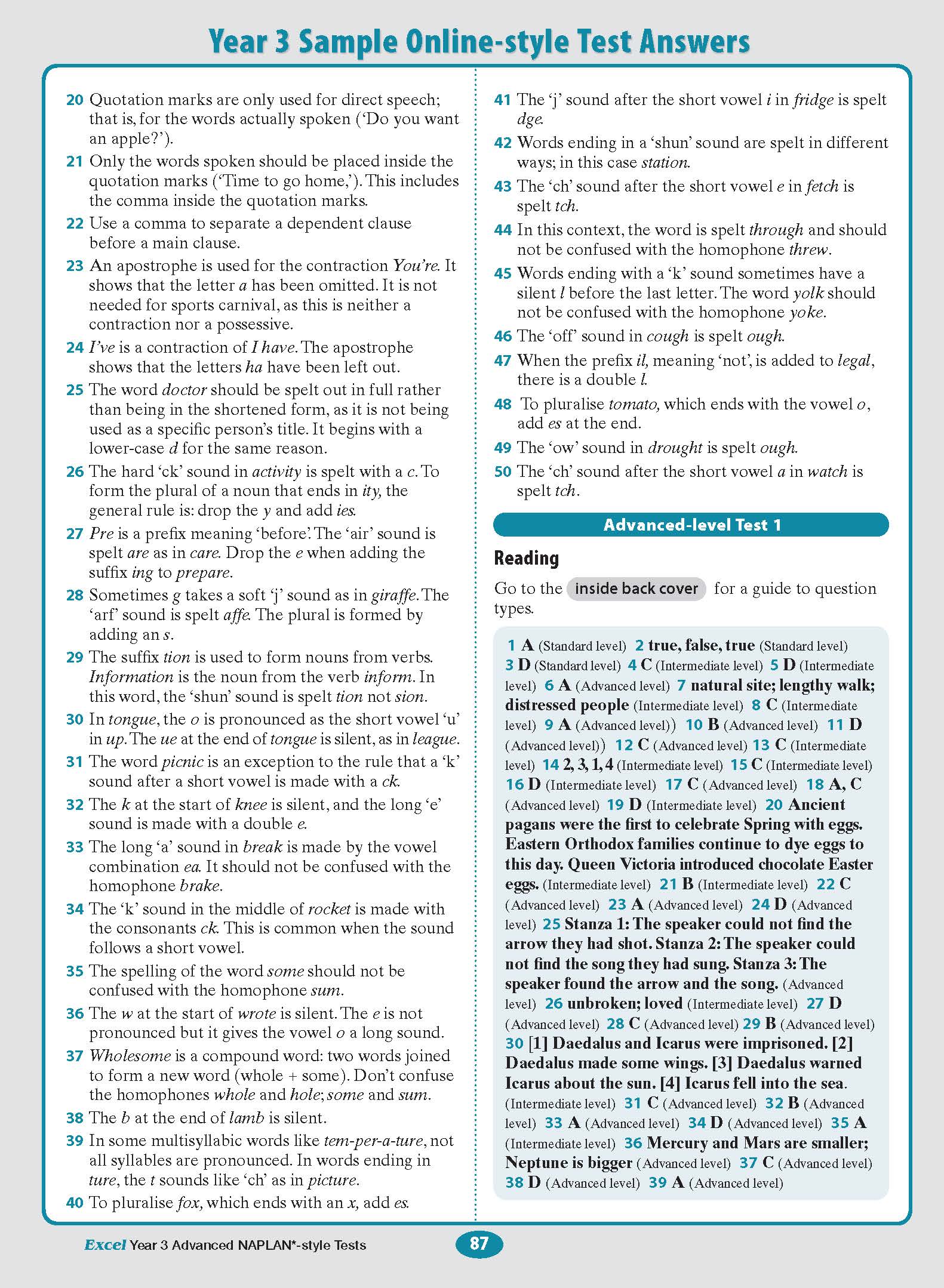 Year 3 Advanced NAPLAN*-style Test Answers book by Excel, displaying page 87 with English language rules and reading comprehension answers.