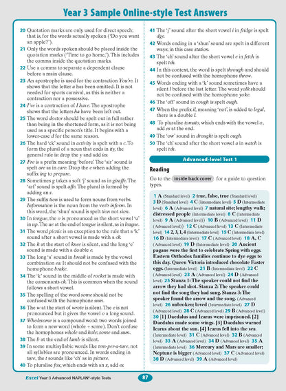 Year 3 Advanced NAPLAN*-style Test Answers book by Excel, displaying page 87 with English language rules and reading comprehension answers.