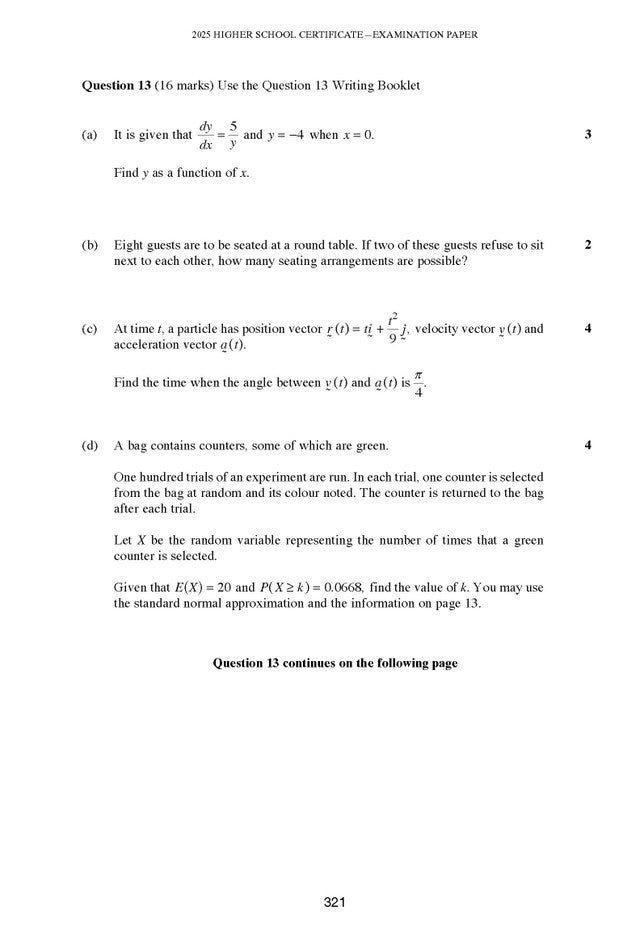 Mathematics exam paper page for Year 12 Extension 1, from Excel Success One HSC, displaying Question 13 on calculus, permutations, vectors, and probability.