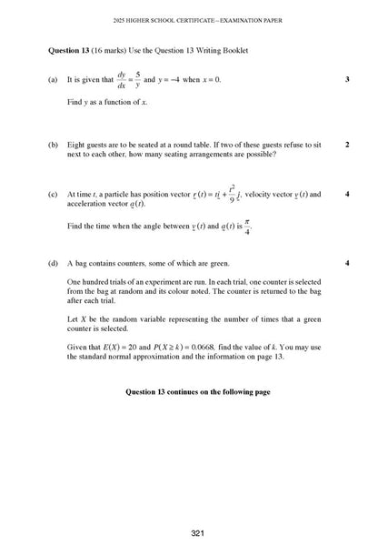 Mathematics exam paper page for Year 12 Extension 1, from Excel Success One HSC, displaying Question 13 on calculus, permutations, vectors, and probability.