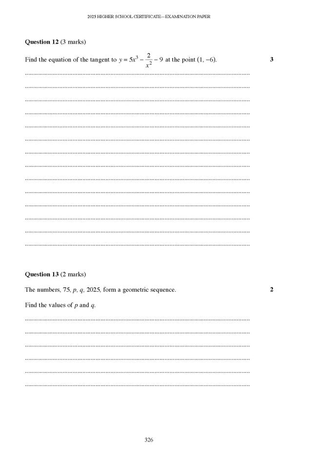 A white page from a Mathematics Advanced course notes textbook by Excel Success One, showing a 2025 Higher School Certificate examination paper with questions 12 and 13.