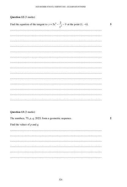 A white page from a Mathematics Advanced course notes textbook by Excel Success One, showing a 2025 Higher School Certificate examination paper with questions 12 and 13.