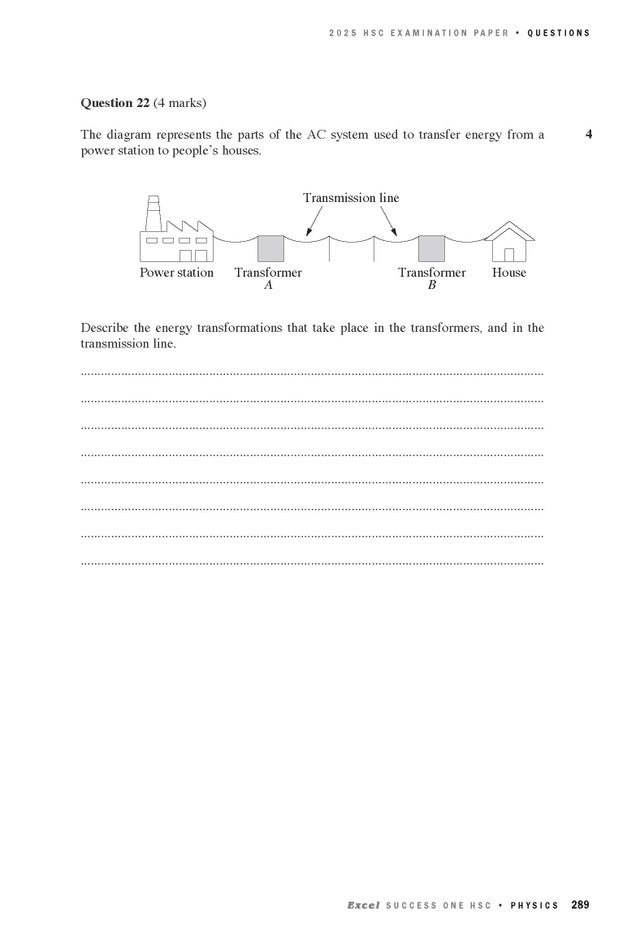 HSC Physics examination paper page by Excel Success One HSC, featuring Question 22, a diagram of an AC power system, and answer lines.
